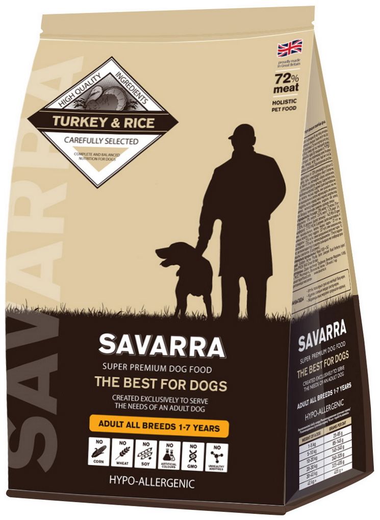Корм сухой Savarra для взрослых собак, с индейкой и рисом, 1 кг5649040 Корм сухой Savarra для взрослых собак, с индейкой и рисом, 1 кг5649040Сухой корм Savarra - это гипоаллергенный полнорационный корм для взрослых собак всех пород. Изготовлен на основе свежего мяса индейки, мяса наиболее диетического и нежного, обладающего прекрасной усвояемостью и содержанием питательных веществ. Совершенно очевидно, что польза индейки в том, что ее мясо содержит в большом количестве такие витамины, как А и Е. По содержанию такого вещества, как натрий индейка существенно опережает даже говядину и телятину. Польза индейки в том, что благодаря натрию с употреблением этого мяса происходит пополнение объемов плазмы в крови и обеспечиваются нормальные обменные процессы. Рацион Savarra содержит все необходимое для удовлетворения потребностей животного в питательных веществах, витаминах и минералах. Состав: свежее мясо индейки, дегидрированное мясо индейки, коричневый рис, ячмень, овес, дегидрированное мясо лосося, жир индейки, семена льна, натуральный ароматизатор, горох, мякоть свеклы, масло лосося, дегидрированное яйцо,...