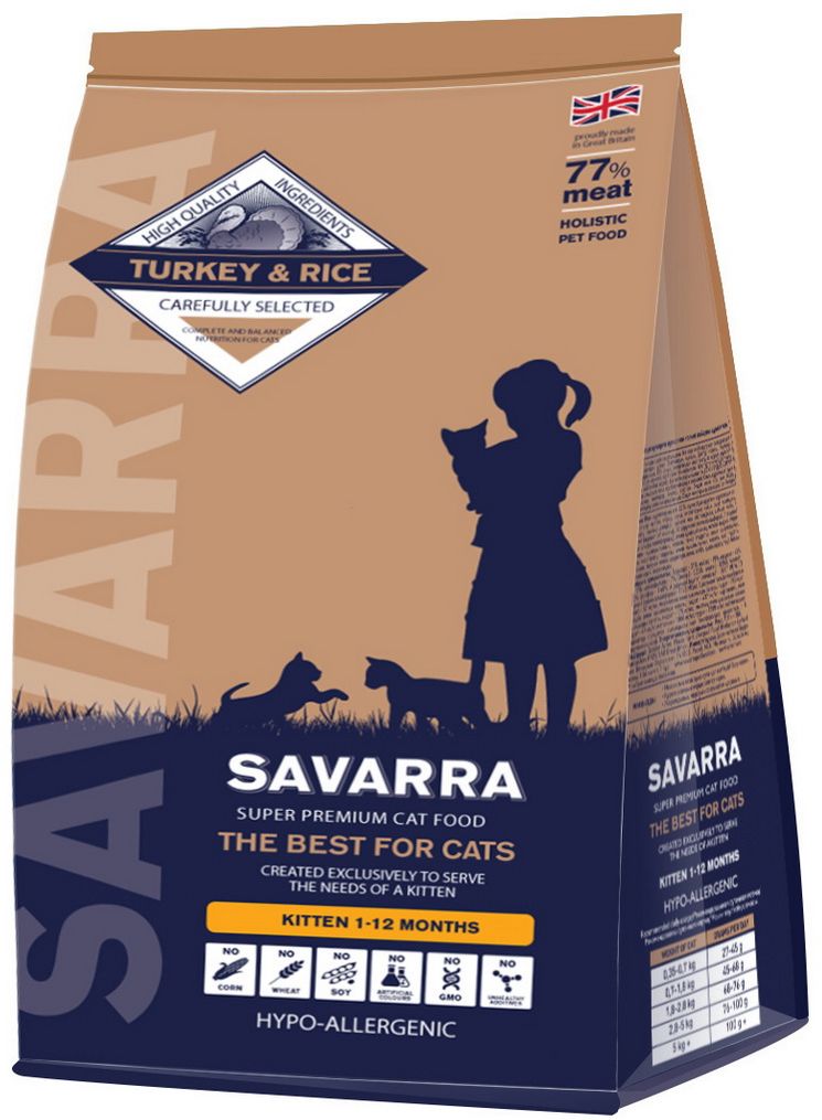 Корм сухой Savarra для котят, с индейкой и рисом, 400 г5649100 Корм сухой Savarra для котят, с индейкой и рисом, 400 г5649100Сухой корм Savarra - это гипоаллергенный полнорационный корм для котят. Изготовлен на основе свежего мяса индейки, мяса наиболее диетического и нежного, обладающего прекрасной усвояемостью и содержанием питательных веществ. Питание для котят Savarra полностью способно удовлетворить все потребности растущего организма животного в питательных веществах, витаминах и минералах. Особые добавки в виде овощей, ягод и фруктов, снабжают молодой организм необходимыми микроэлементами, заботясь о здоровье котенка. Корм также можно давать беременным и кормящим кошкам, так как в этот период им требуется повышенное содержание всех питательных веществ. Состав: свежее мясо индейки, дегидрированное мясо индейки, коричневый рис, рис, овес, жир индейки, пивные дрожжи, горох, семена льна, натуральный ароматизатор, лососевое масло, витамин А (ретинола ацетат), витамин D3 (холекальциферол), витамин Е (альфа-токоферола ацетат), аминокислотный хелат цинка гидрат, аминокислотный хелат железа...