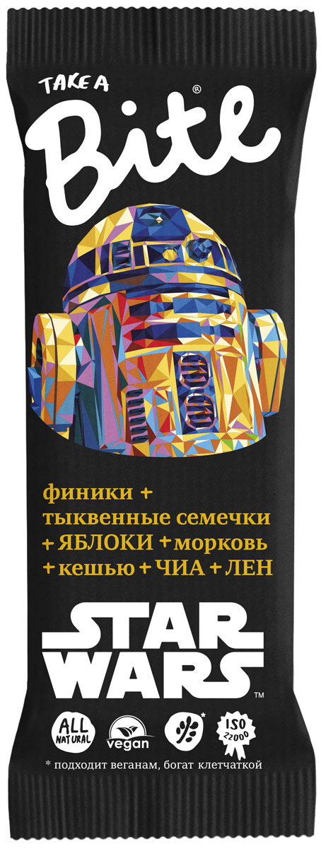 Take A Bite Звездные войны Контроль веса. Морковь-кешью батончик орехово-фруктовый, 45 г4650062590481_ЗВ Take A Bite Звездные войны Контроль веса. Морковь-кешью батончик орехово-фруктовый, 45 г4650062590481_ЗВКонтролируешь свой вес? Конечно, важно, что ты ешь, но иногда можно получить два в одном — полезное и вкусное лакомство. Ныряй в море удовольствия из ЯБЛОК, моркови и фисташек. Будь легче!