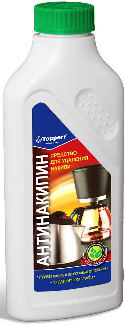 Средство от накипи Topperr для чайников, утюгов и кофеварок, 500 мл3032 Средство от накипи Topperr для чайников, утюгов и кофеварок, 500 мл3032Универсальное средство от накипи Topperr эффективно удаляет накипь и известковые отложения на стенках чайников, кофеварок, кипятильников и других водонагревательных приборах. Защищает и улучшает их работу. Не токсично. Способ применения: Способ применения для чайников и водонагревательных приборов: налить 1 л воды в чайник (резервуар). В зависимости от загрязнения добавить 100-120 мл средства. Нагреть раствор до 50°С и оставить действовать на 30 мин. Затем вылить раствор, тщательно прополоскать и прокипятить емкость. Способ применения для кофеварок: налить 200 мл воды в резервуар кофеварки и добавить 50 мл средства. Включить кофеварку и прогнать около 100 мл раствора. Выключить кофеварку и дать остаткам раствора подействовать около 15 мин. Затем пропустить остатки раствора и дважды прогнать чистой водой. Товар сертифицирован.