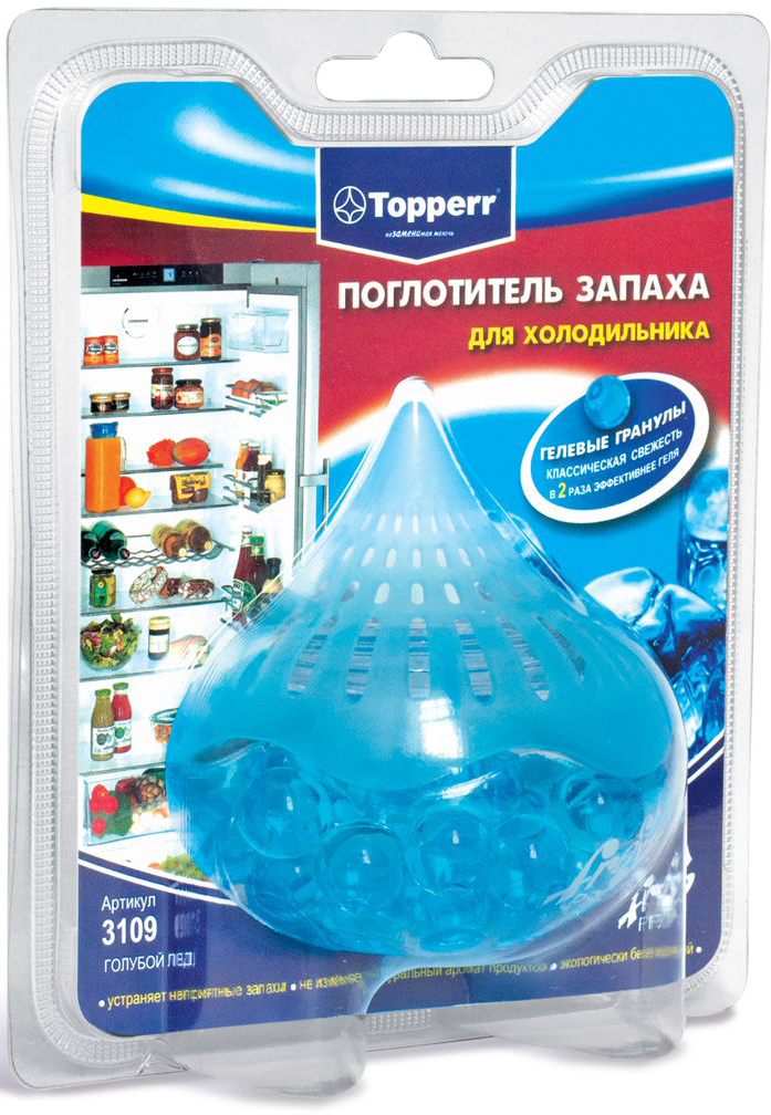 Поглотители запаха Topperr Голубой лед для холодильника, гелевый3109 Поглотители запаха Topperr Голубой лед для холодильника, гелевый3109Длительное хранение пищевых продуктов в холодильнике вызывает появление неприятного запаха. Гелевый поглотитель изготовлен из безопасных минеральных и углеродных адсорбентов, экологически безвреден, предназначен для устранения неприятных запахов в холодильной камере. Благодаря свой форме, гелевые шарики позволяют свободно циркулировать воздуху, тем самым ускоряя процесс поглощения неприятного запаха вдвое по сравнению с другими поглотителями. Срок годности три года, с момента вскрытия защитной упаковки – 1,5 месяца. Вес: 100 г Способ применения: снимите защитную пленку, прикрепите круглую двустороннюю липучку на дно поглотителя, зафиксируйте поглотитель в любом удобном месте в Вашем холодильнике.
