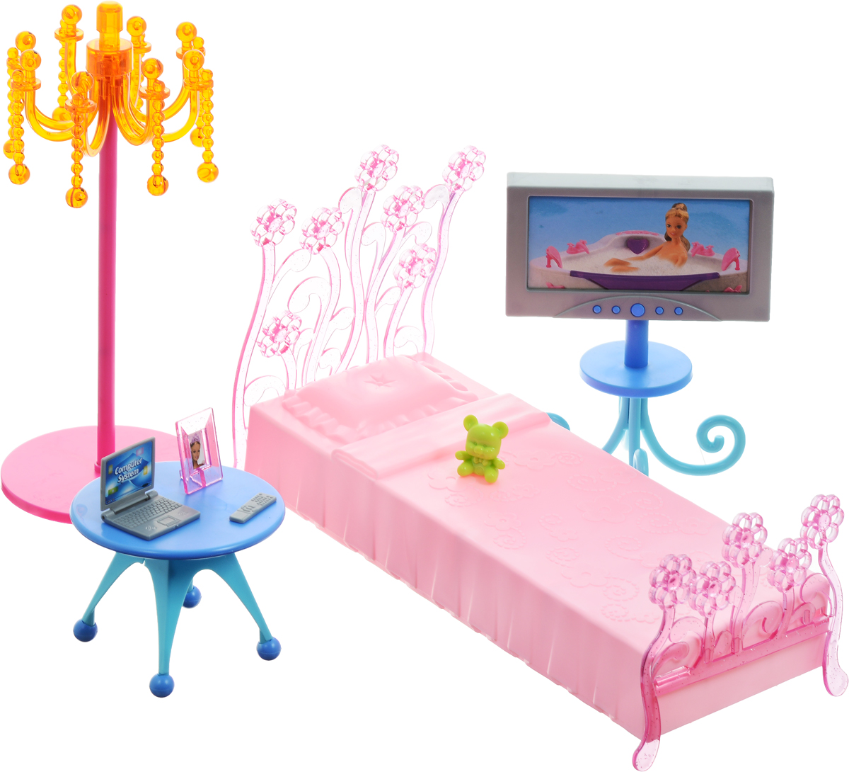1TOY Мебель для кукол СпальняТ54507 1TOY Мебель для кукол СпальняТ54507Мебель для кукол - один из самых любимых аксессуаров у девочек, благодаря широким возможностям моделирования в игре различных ситуаций кукольной жизни. Мебель для кукол 1TOY Спальня очень проста в сборке, сама девочка может собрать ее, а если ребенок еще мал, то это легко осуществимо вместе с родителями (в комплект входит инструкция). В комплект входят детали мебели, из которых предстоит собрать кукольную кроватку с резным изголовьем, торшер и телевизор. Также в набор входят и другие предметы спальни. Подходит для любых кукол высотой 29 см.