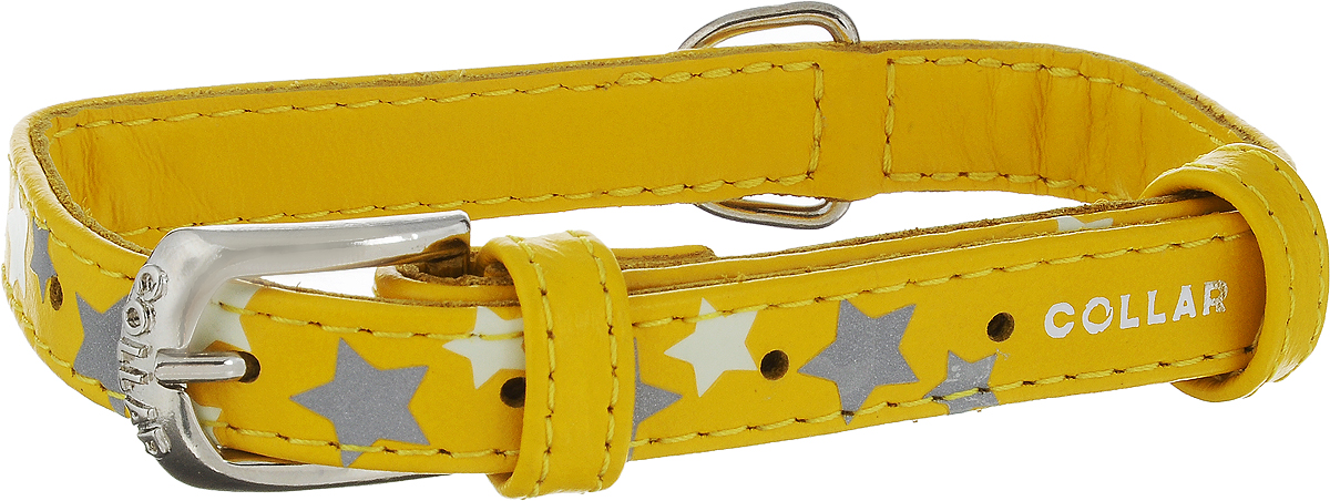 Ошейник для собак CoLLaR Glamour Звездочка, цвет: желтый, ширина 1,5 см, обхват шеи 27-36 см35858 Ошейник для собак CoLLaR Glamour Звездочка, цвет: желтый, ширина 1,5 см, обхват шеи 27-36 см35858Ошейник для собак CoLLaR Glamour Звездочка изготовлен из кожи и декорирован оригинальным рисунком. Специальная технология печати по коже позволяет наносить на ошейник устойчивый рисунок, обладающий одновременно светоотражающим и светонакопительным эффектом. Ошейник устойчив к влажности и перепадам температур. Сверхпрочные нити, крепкие металлические элементы делают ошейник надежным и долговечным. Обхват ошейника регулируется при помощи пряжки. Ошейник оснащен металлическим кольцом для крепления поводка. Изделие отличается высоким качеством, удобством и универсальностью. Минимальный обхват шеи: 27 см. Максимальный обхват шеи: 36 см. Ширина ошейника: 1,5 см. Длина ошейника: 39 см.