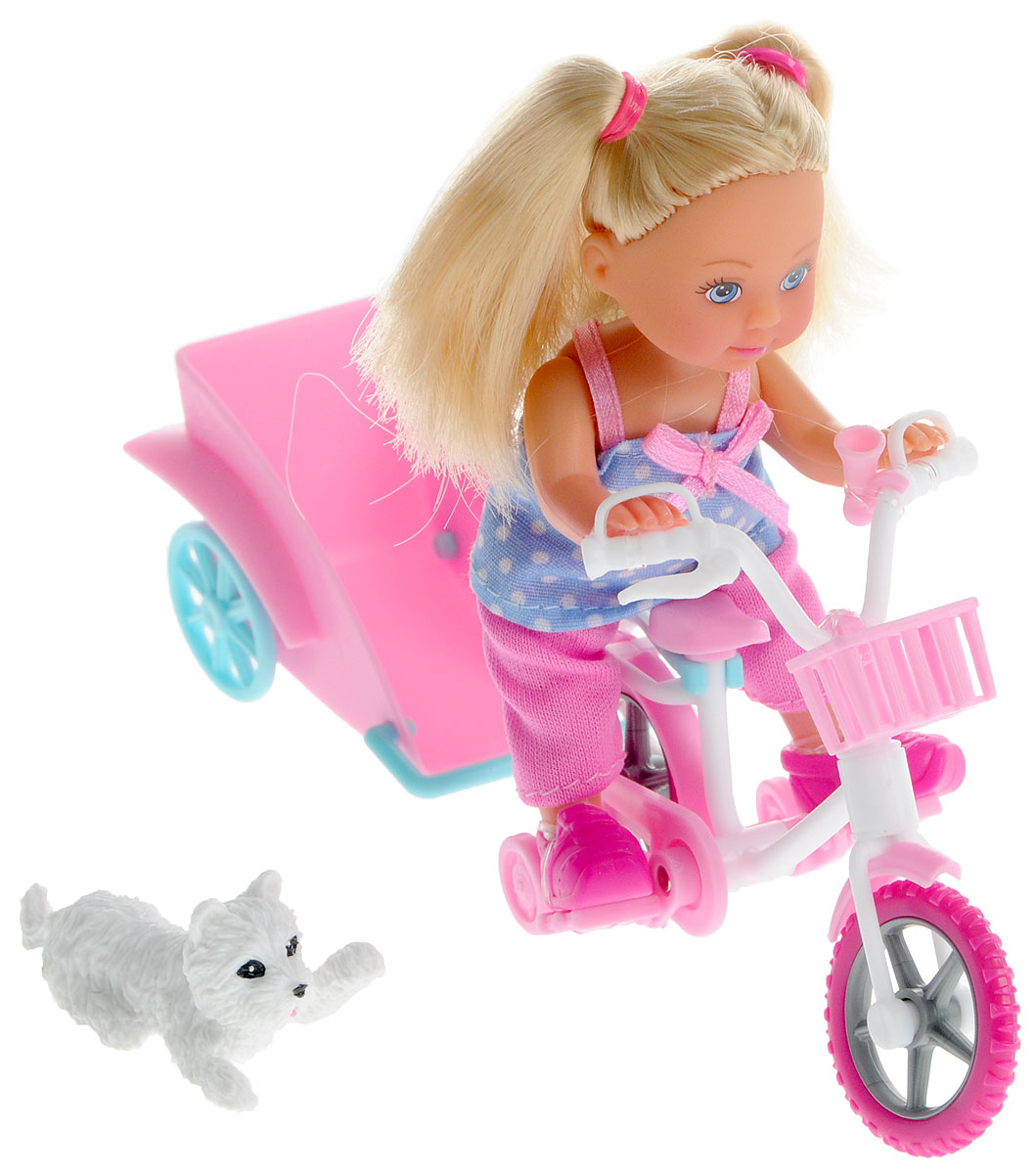 Simba Игровой набор с мини-куклой Bike Tour5730783 Simba Игровой набор с мини-куклой Bike Tour5730783У чудесной куколки Еви есть велосипед, собачка и даже специальная тележечка для перевозки питомца. Еви очень любит велосипедные прогулки и всегда заботится о безопасности: надевает модный розовый шлем. Вашей крошке обязательно понравится играть с куколкой Еви. Набор выполнен из высококачественного материала, абсолютно безопасного для здоровья вашей малышки.