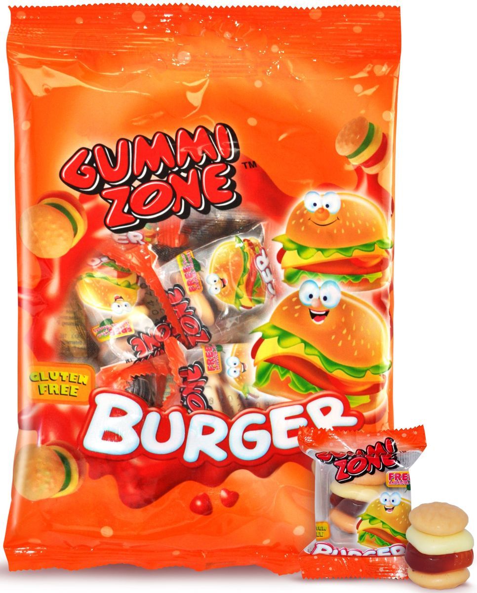 Gummy Zone мармелад бургер, 99 гифи060 Gummy Zone мармелад бургер, 99 гифи060Мармелад Gummi Zone – удивительно вкусный жевательный мармелад, выполненный в форме знаменитого гамбургера. Мармеладный бургер – классный снек, популярные в Европе. Мармелад Gummy Zone относится к категории полезных лакомств. Он содержит натуральный пчелиный воск, богатый витаминами, необходимыми для организма аминокислотами и кальцием. Таким образом, пользы и веселья от мармеладного бургера Gummi Zone значительно больше, чем от настоящего. Продукт полностью готов к употреблению. Индивидуальная упаковка делает его удобным, чтобы перекусить в любое время и в любом месте.