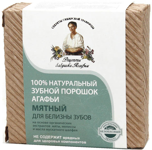 Рецепты бабушки Агафьи Зубной порошок Мятный, 120 мл071-6-0919 Рецепты бабушки Агафьи Зубной порошок Мятный, 120 мл071-6-0919Зубной порошок с мягкой отбеливающей формулой – идеален для ежедневного применения. Он оказывает лечебное действие на дентин и эмаль, нормализует кислотно-щелочной баланс во рту, обладает дезодорирующими и антисептическими свойствами. Обеспечивает высокоэффективную защиту от кариеса, а благодаря своей структуре эффективен против образования зубного камня и зубного налета.