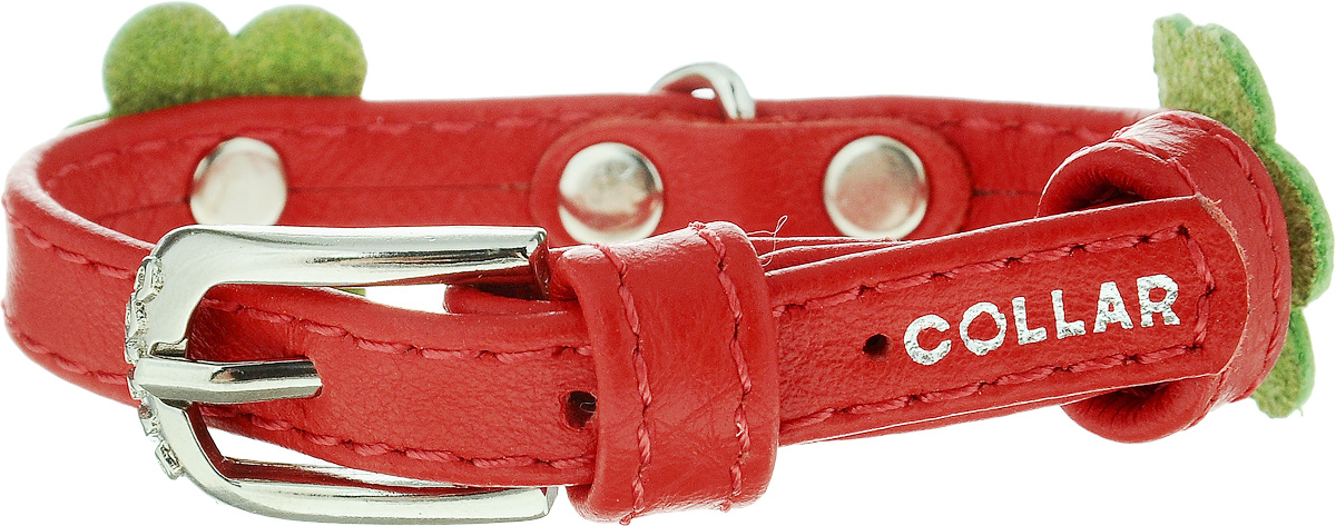Ошейник для собак CoLLaR Glamour Аппликация, цвет: красный, зеленый, ширина 9 мм, обхват шеи 18-21 см3498 Ошейник для собак CoLLaR Glamour Аппликация, цвет: красный, зеленый, ширина 9 мм, обхват шеи 18-21 см3498Ошейник CoLLaR Glamour Аппликация изготовлен из кожи, устойчивой к влажности и перепадам температур. Клеевой слой, сверхпрочные нити, крепкие металлические элементы делают ошейник надежным и долговечным. Изделие отличается высоким качеством, удобством и универсальностью. Размер ошейника регулируется при помощи металлической пряжки. Имеется металлическое кольцо для крепления поводка. Ваша собака тоже хочет выглядеть стильно! Модный ошейник с аппликацией в виде цветов станет для питомца отличным украшением и выделит его среди остальных животных. Минимальный обхват шеи: 18 см. Максимальный обхват шеи: 21 см. Ширина: 9 мм.