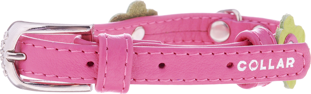 Ошейник для собак CoLLaR Glamour Аппликация, цвет: розовый, зеленый, ширина 1,2 см, обхват шеи 21-29 см35007 Ошейник для собак CoLLaR Glamour Аппликация, цвет: розовый, зеленый, ширина 1,2 см, обхват шеи 21-29 см35007Ошейник CoLLaR Glamour Аппликация изготовлен из кожи, устойчивой к влажности и перепадам температур. Клеевой слой, сверхпрочные нити, крепкие металлические элементы делают ошейник надежным и долговечным. Изделие отличается высоким качеством, удобством и универсальностью. Размер ошейника регулируется при помощи металлической пряжки. Имеется металлическое кольцо для крепления поводка. Ваша собака тоже хочет выглядеть стильно! Модный ошейник с аппликацией в виде цветов станет для питомца отличным украшением и выделит его среди остальных животных. Минимальный обхват шеи: 21 см. Максимальный обхват шеи: 29 см. Ширина: 1,2 см.