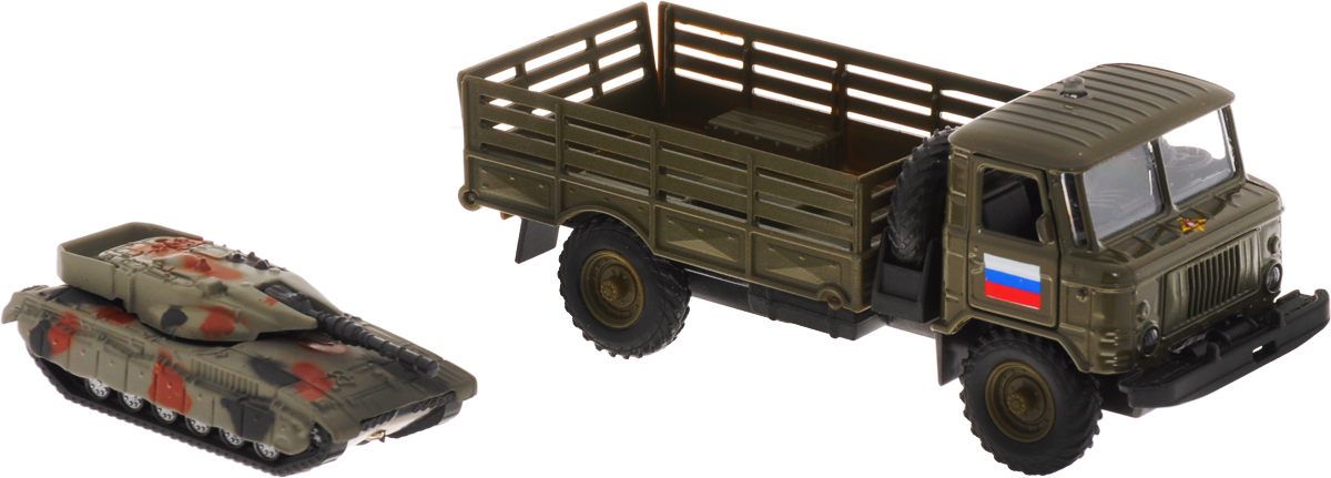ТехноПарк Машинка инерционная ГАЗ-66 с танкомCT-1299WB (G1+J1) ТехноПарк Машинка инерционная ГАЗ-66 с танкомCT-1299WB (G1+J1)Инерционная машинка ТехноПарк Газ 66 с танком, выполненная из пластика и металла, станет любимой игрушкой вашего малыша. Игрушка представляет собой модель военного автомобиля Газ 66 в кузове которого поместился военный танк. Танк может заезжать в кузов по откидывающемуся трапу. Машинка обладает высокой реалистичностью за счет двигающихся элементов (открываются двери), а также звуковых и световых эффектов. Звуки и свет активируются нажатием кнопки, расположенной на кабине машины. Автомобиль снабжен инерционным механизмом, что позволяет ему ускоряться вперед. Прорезиненные колеса обеспечивают надежное сцепление с любой гладкой поверхностью. Ваш ребенок будет часами играть с этой машинкой, придумывая различные истории. Настоящая радость для ребенка, особенно если он неравнодушен к военной технике! Машинка работает от 3 батареек LR41 напряжением 1,5V (товар комплектуется демонстрационными).