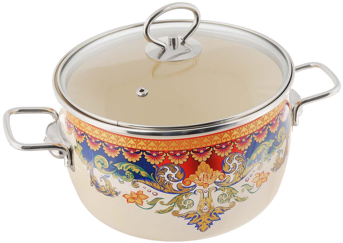 Кастрюля эмалированная Vitross Ornamento с крышкой, 4 л1SC205S Кастрюля эмалированная Vitross Ornamento с крышкой, 4 л1SC205SКастрюля эмалированная Vitross Ornamento изготовлена из высококачественной стали, покрытой жаропрочной эмалью. Стеклокерамика инертна и устойчива к пищевым кислотам, не вступает во взаимодействие с продуктами и не искажает их вкусовые качества. Такое покрытие защищает сталь от коррозии и придает посуде гладкую стекловидную поверхность. Кроме того, такая посуда наиболее безопасна и экологична. Прочный стальной корпус обеспечивает эффективную тепловую обработку пищевых продуктов и не деформируется в процессе эксплуатации. Кастрюля оснащена прочными стальными ручками. Крышка выполнена из жаропрочного стекла, она плотно прилегает к краю посуды и сохраняет аромат блюд. Кастрюля подходит для газовых, электрических, стеклокерамических, индукционных плит. Можно мыть в посудомоечной машине. Высота стенки: 13,3 см. Ширина (с учетом ручек): 32 см.