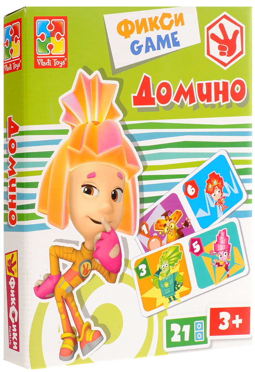 Vladi Toys Обучающая игра Фиксики ДоминоVT2107-01 Vladi Toys Обучающая игра Фиксики ДоминоVT2107-01Обучающая игра Vladi Toys Фиксики. Домино позволит играть как вдвоем, так и компанией до 4 человек. Выложите доминошки рисунками вниз. Перемешайте и раздайте каждому игроку по 5 штук. Если играет 4 человека, то каждому нужно дать по 4 доминошки. Оставшиеся доминошки отложите в сторону - это базар. Первым делает ход тот игрок, у кого есть доминошка с парным изображением один-один или Дедус-Дедус. Если этой фишки нет на руках у игроков, значит, два-два или Нолик-Нолик. И так далее по возрастанию цифр. Все участники по очереди выкладывают свои фишки так, чтобы изображение на одной из крайних совпало с изображением на фишке ходящего игрока. Если у кого-то нет нужной доминошки - он может взять ее из отложенных в базаре. Есле же базара нет, то игрок пропускает свой ход. Выигрывает тот, кто первым выложит все свои доминошки!