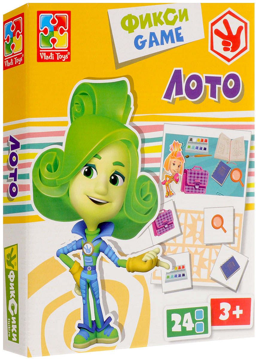Vladi Toys Обучающая игра Фиксики ЛотоVT2107-03 Vladi Toys Обучающая игра Фиксики ЛотоVT2107-03Обучающая игра Vladi Toys Фиксики. Лото позволит играть вдвоем, втроем, вчетвером. Раздайте участникам по игровому полю, на котором нарисованы Нолик, Симка, Папус или Мася. Если играют 2 человека, то каждому можно взять по два игровых поля. Выложите квадратные фишки рисунками вниз и перемешайте. Выберите или разыграйте считалочкой старшего игрока. Старший игрок по очереди переворачивает по одной квадратной фишке. Если у кого-то из участников игры есть на игровом поле рисунок, такой же, как на фишке, он берет ее себе и накрывает этот рисунок. Выигрывает тот игрок, который первым накроет все свои рисунки на игровом поле фишками! Лото обязательно понравится малышам, ведь это игра с Фиксиками! Игра развивает память, внимание, умение ориентироваться в окружающем мире, словарный запас.