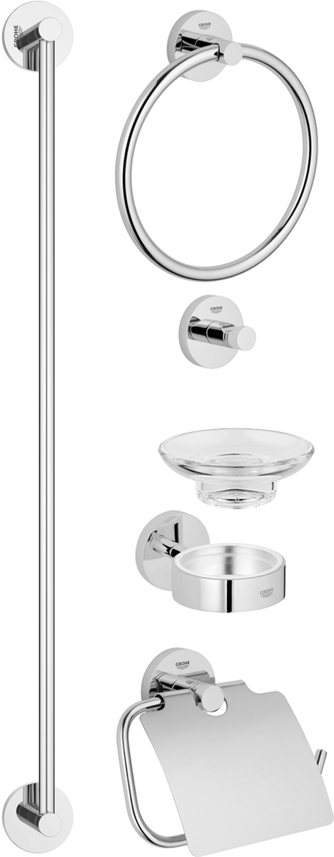 Набор аксессуаров для ванной комнаты Grohe Essentials, 5 предметов40344001 Набор аксессуаров для ванной комнаты Grohe Essentials, 5 предметов40344001Комплект аксессуаров Grohe Essentials, состоящий из мыльницы с держателем, крючка для банного халата, кольца для полотенца, держателя для туалетной бумаги и держателя для банного полотенца, представляет собой идеальный выбор для оснащения ванной комнаты. Изделия изготовлены из высококачественного металла и стекла. Все предметы разработаны в едином стиле и сочетают в себе универсальный дизайн, изысканные технологии изготовления и первоклассное качество. В комплект входит набор креплений для аксессуаров. Размер держателя для банного полотенца: 65 х 6 х 5,5 см. Размер крючка для банного халата: 5,5 х 5,5 х 4,5 см. Размер держателя для туалетной бумаги: 17 х 4,5 х 12 см. Размер кольца для банного халата: 20 х 4,5 х 18 см. Размер мыльницы с держателем: 12,5 х 11 х 6 см.
