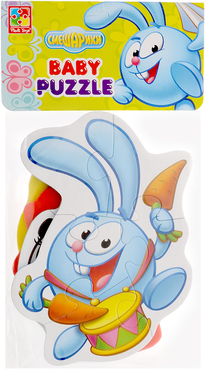Vladi Toys Пазл для малышей Смешарики 4 в 1 VT1106-47VT1106-47 Vladi Toys Пазл для малышей Смешарики 4 в 1 VT1106-47VT1106-47Яркий пазл для малышей Vladi Toys Смешарики 4 в 1 - лучшее решение для развития вашего малыша. Благодаря толщине деталей вашему малышу будет удобно и приятно собирать такой пазл. В комплекте 4 пазловые картинки. Первые две картинки состоят из четырех элементов, а вторые две картинки из пяти. Детали легко соединяются и прочно прилегают друг к другу, и после сборки, картинка не рассыпается. Собирая картинки с изображениями любимых героев ваш малыш научится соотносить отдельные элементы в целое изображение, подбирать фрагменты по цвету и форме.