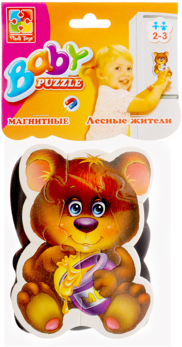 Vladi Toys Пазл для малышей Лесные жители 2 в 1VT3208-03 Vladi Toys Пазл для малышей Лесные жители 2 в 1VT3208-03Пазл для малышей Vladi Toys Лесные жители придется по душе вашему малышу. Набор включает в себя 2 пазла. Первый пазл состоит из 5 элементов, второй - из 4 элементов. Собрав 2 пазла, вы получите картинки медвежонка и зайчика. Пазл можно собирать на любой вертикальной магнитной поверхности. Пазл - великолепная игра для семейного досуга. Сегодня собирание пазлов стало особенно популярным, главным образом, благодаря своей многообразной тематике, способной удовлетворить самый взыскательный вкус. Для детей это не только интересно, но и полезно. Собирание пазла развивает мелкую моторику ребенка, тренирует наблюдательность, логическое мышление, знакомит с окружающим миром, с цветом и разнообразными формами.