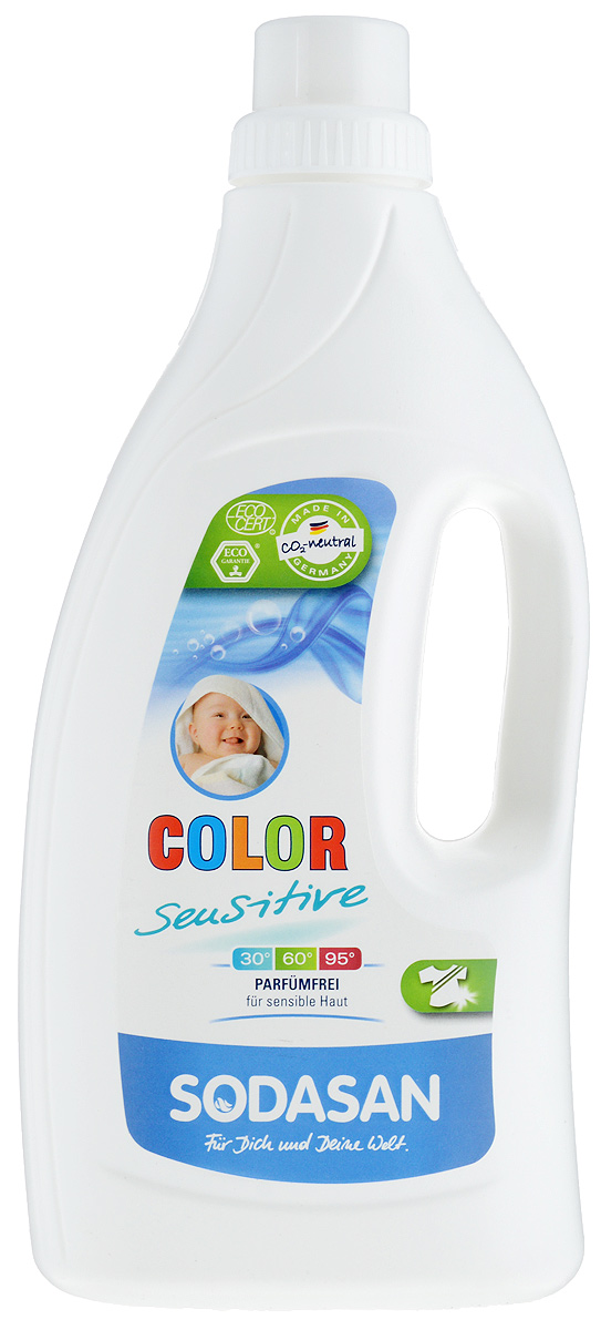 Жидкое средство для стирки Sodasan Color Sensitive, для детских изделий из цветных тканей и для чувствительной кожи, 1,5 л1530 Жидкое средство для стирки Sodasan Color Sensitive, для детских изделий из цветных тканей и для чувствительной кожи, 1,5 л1530Жидкое средство для стирки Sodasan Color Sensitive разработано специально для эффективной стирки цветных и белых вещей при любых температурах (30°, 65°, 95°). Идеально подходит для людей с чувствительной и нежной кожей, для людей, склонных к аллергическим реакциям, и для стирки детских вещей. Без запаха. Начинает действовать с первых минут использования, потому может применяться для стирки в быстром режиме. Подходит для ручной стирки. Не содержит отбеливателей, сохраняет волокна и первозданный цвет вещей. Благодаря своему составу, может использоваться даже в жесткой воде. Товар сертифицирован.