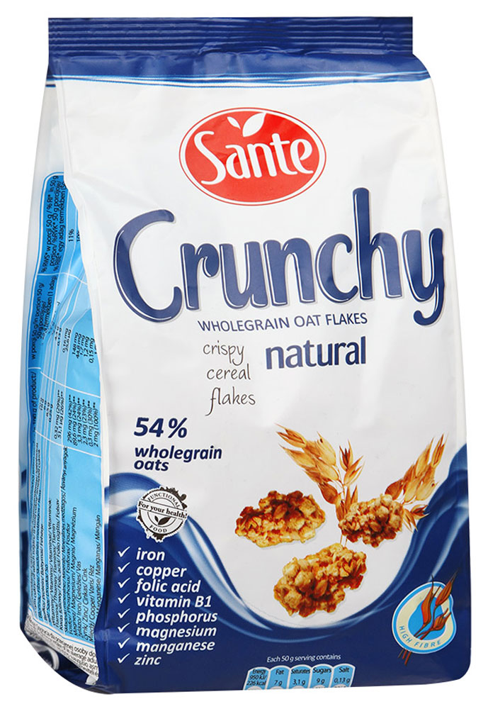 Sante Crunchy хрустящие овсяные хлопья оригинальные, 350 г5900617002228 Sante Crunchy хрустящие овсяные хлопья оригинальные, 350 г5900617002228Хрустящие овсяные хлопья Sante Crunchy - питательная смесь хрустящих, золотистых, нежно обжаренных овсяных хлопьев. Продукт обеспечивает сбалансированное питание за счет полезных ингредиентов: белок, клетчатка, растительные жиры с высоким содержанием полезных жирных кислот, витаминов, микро- и макроэлементов, которые помогают поддерживать энергию и тонус в течение всего дня. Основной элемент Crunchy - это цельнозерновой овес, который имеет более высокую питательную ценность по сравнению с другими злаками, такими как пшеница и рожь. Зерно овса богато белком, незаменимыми аминокислотами (особенно лизином, который отсутствует в других зерновых). Содержание фосфора, меди и фолиевой кислоты способствуют укреплению костей и зубов. Медь также улучшает процесс обмена веществ. А фолиевая кислота способствует правильному функционированию иммунной системы. Уважаемые клиенты! Обращаем ваше внимание, что полный перечень состава продукта представлен на дополнительном изображении.