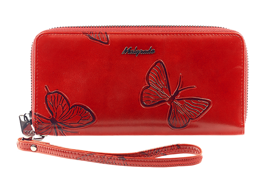 Кошелек женский Malgrado, цвет: красный. 73005-7003D73005-7003D Red Кошелек женский Malgrado, цвет: красный. 73005-7003D73005-7003D RedСтильный клатч Malgrado изготовлен из натуральной кожи красного цвета с декоративным тиснением в виде бабочек и закрывается на молнию. Внутри расположены четыре основных отделения, одно из которых на молнии, по четыре кармашка на боковых стенках для карточек, визиток, кредиток и два кармашка побольше, в которые можно положить пропуск, проездной билет или фотографию. В комплект так же входит кожаный ремешок для удобной переноски. Клатч упакован в металлическую коробку с логотипом фирмы. Такой кошелек станет замечательным подарком человеку, ценящему качественные и практичные вещи. Характеристики: Материал: натуральная кожа, текстиль, металл. Размер клатча: 19 см х 10 см х 2 см. Цвет: красный. Размер упаковки: 23 см х 13 см х 4,5 см. Артикул: 73005-7003D.