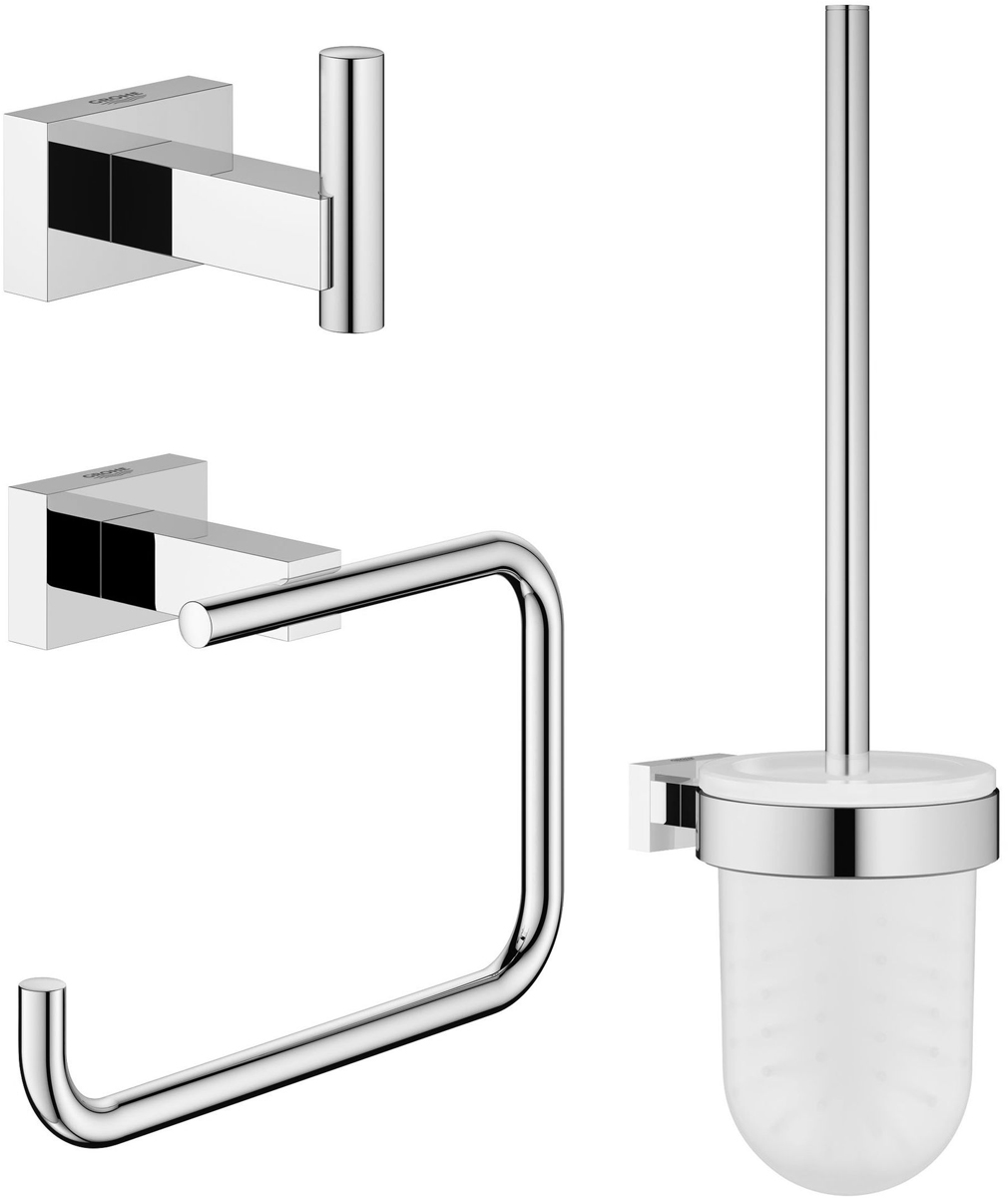 Набор аксессуаров для ванной комнаты Grohe Essentials Cube, 3 предмета40757001 Набор аксессуаров для ванной комнаты Grohe Essentials Cube, 3 предмета40757001Набор аксессуаров для ванной комнаты Grohe Essentials Cube включает ершик с подставкой и держателем, крючок для банного халата и держатель для туалетной бумаги. Изделия выполнены из латуни с хромированным покрытием. Благодаря специальной технологии Grohe StarLight покрытие обеспечивает сияющий блеск на протяжении всего срока службы. Кроме того, оно отталкивает грязь, не тускнеет и обладает высокой степенью износостойкости. Все предметы крепятся к стене (крепежные элементы поставляются в комплекте). Благодаря неизменно актуальному дизайну и долговечному хромированному покрытию, такой набор отлично дополнит интерьер ванной комнаты, воплощая собой изысканный стиль и превосходное качество. Длина ершика (с ручкой): 37 см. Длина щетины: 2 см. Размер подставки для ершика: 9,5 х 9,5 х 13,5 см. Размер держателя для туалетной бумаги: 13,5 х 10 х 6 см. Размер крючка для банного халата: 4 х 6 х 4 см.