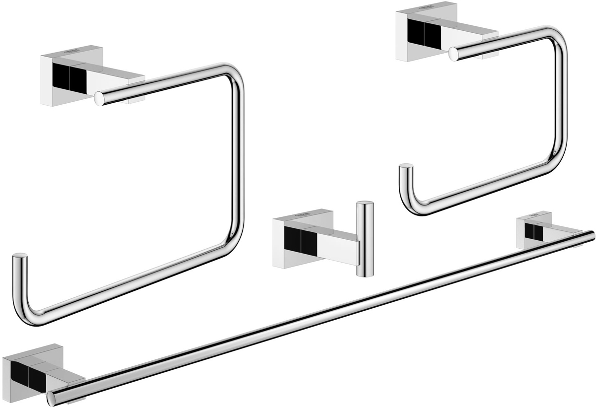 Набор аксессуаров для ванной комнаты Grohe Essentials Cube, 4 предмета40778001 Набор аксессуаров для ванной комнаты Grohe Essentials Cube, 4 предмета40778001Набор аксессуаров для ванной комнаты Grohe Essentials Cube включает держатель для банного полотенца, крючок для банного халата, держатель для туалетной бумаги и кольцо для полотенца. Изделия выполнены из латуни с хромированным покрытием. Благодаря специальной технологии Grohe StarLight покрытие обеспечивает сияющий блеск на протяжении всего срока службы. Кроме того, оно отталкивает грязь, не тускнеет и обладает высокой степенью износостойкости. Все предметы крепятся к стене (крепежные элементы поставляются в комплекте). Благодаря неизменно актуальному дизайну и долговечному хромированному покрытию, такой набор отлично дополнит интерьер ванной комнаты, воплощая собой изысканный стиль и превосходное качество. Размер кольца для полотенца: 19 х 6 х 12 см. Размер держателя для туалетной бумаги: 14 х 6 х 10 см. Размер крючка: 4 х 6 х 4,5 см. Длина держателя для банного полотенца: 60 см.