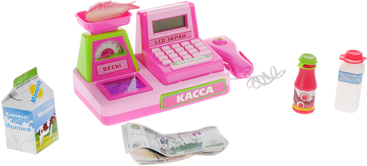 Играем вместе Игрушечный набор Настоящая кассаA539-H05036-R Играем вместе Игрушечный набор Настоящая кассаA539-H05036-RИгрушечный набор Играем вместе Настоящая касса станет отличным подарком ребенку и позволит ему почувствовать себя в роли продавца. Игрушка изготовлена из прочного пластика с металлическими элементами. На корпусе кассы маленький продавец найдет весы, калькулятор и выдвижной ящик для денег. Набор продуктов и игрушечные деньги, входящие в комплект, позволят ребенку еще глубже погрузиться в игровой процесс, как и встроенные звуковой и световой модули, срабатывающие при нажатии на клавиши. Порадуйте своего ребенка таким замечательным набором! Необходимо купить 3 батарейки напряжением 1,5V типа АА (не входят в комплект).