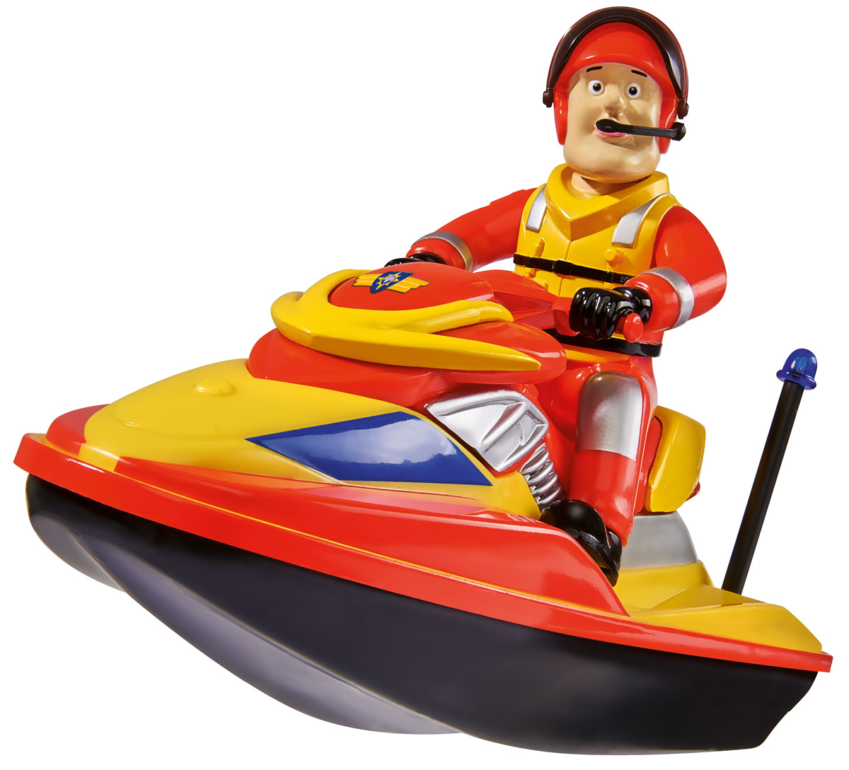 Dickie Toys Водный скутер Juno3099624 Dickie Toys Водный скутер Juno3099624Водный скутер Dickie Toys Juno, выполненный в ярком цвете, способен двигаться самостоятельно. Для этого надо всего лишь нажать на маленькую кнопочку, которая расположена на корпусе скутера. На водном скутере сидит Сэм - главный персонаж детского мультика Пожарный Сэм. Он одет в специальный костюм с жилетом, на голове у него шлем с микрофоном, с помощью которого Сэм может связаться с воображаемым штабом и скоординироваться с другими игрушечными спасателями. Необходимо купить батарейку напряжением 1,5V типа АА (не входит в комплект).