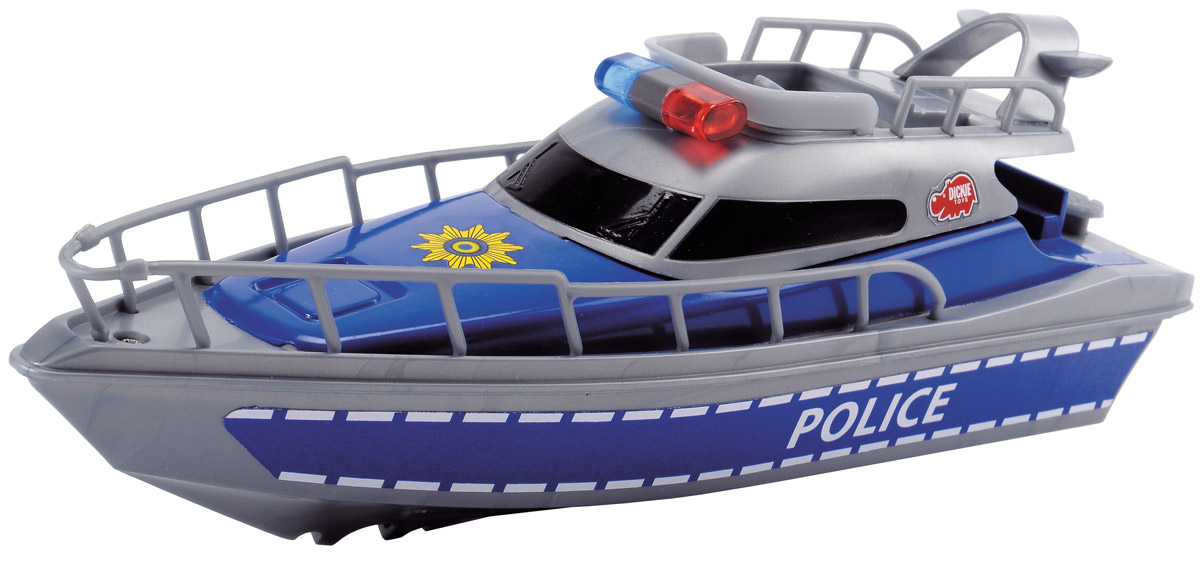 Dickie Toys Полицейская лодка3714004 Dickie Toys Полицейская лодка3714004Полицейская лодка Dickie Toys, выполненная из качественных материалов, поможет вашему ребенку почувствовать себя настоящим морским спасателем и полицейским. Колеса у лодки свободно вращаются. Такая игрушка разнообразит игровые ситуации, откроет новые сюжеты для маленького автолюбителя и поможет развить мелкую моторику рук, внимание и координацию движений. Не упустите шанс порадовать своего малыша замечательным подарком! Для работы игрушки необходима 1 батарейка типа AA (товар комплектуется демонстрационными).