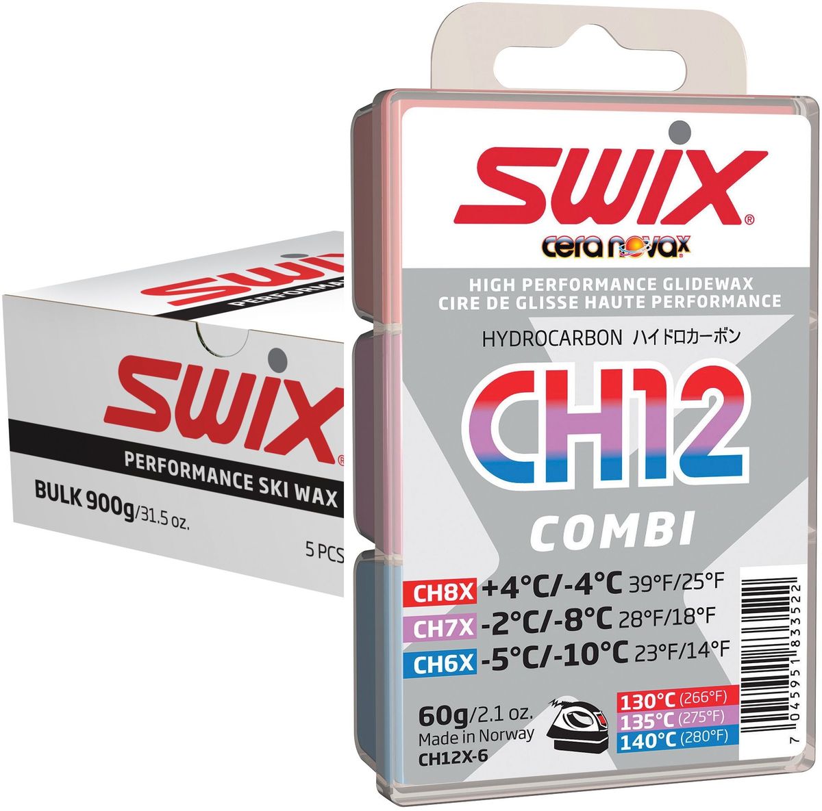 Набор мазей скольжения Swix CH12X Combi Nordic: CH4X, CH6X, CH7X, CH8X, CH10X, по 180 гCH12XN-900 Набор мазей скольжения Swix CH12X Combi Nordic: CH4X, CH6X, CH7X, CH8X, CH10X, по 180 гCH12XN-900Содержит: 2 x 180 г CHX5, 1 x 180 г CHX6, CHX7 и CHX8. CH05X-6 Температурный диапазон от -8°C до-14°С. Рекомендуемая температура утюга 150°С. Серия 5 является новой в линии Cera Nova X, и заполняет разрыв по твердости между 4-й и 6-й категориями мазей. Легче наносится, чем мази 4й серии, и обеспечивает прекрасные свойства скольжения в пределах своего темпера турного диапазона. Обладает высокой износоустойчивостью. Может использоваться самостоятельно в качестве гоночной мази, но чаще всего служит базовым слоем под порошок FC05X. CH06X-6 Температурный диапазон от -5°C до-10°С. Рекомендуемая температура утюга 145°С. Стандартная мазь CH6 была успешной в старой системе Cera Nova, и продолжила свое существование в мази CH06X новой системы. Бюджетная мазь для гонок и тренировок с прекрасными рабочими характеристиками. Также может использоваться в качестве мази для базовой подготовки холодных лыж. CH06X имеет высокую износоустойчивость и показывает прекрасные рабочие характеристики на...