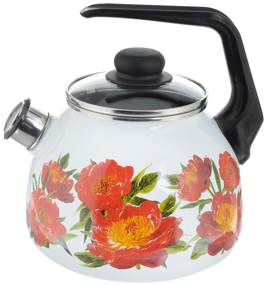 Чайник эмалированный Vitross Peony, со свистком, 3 л1RС12 Чайник эмалированный Vitross Peony, со свистком, 3 л1RС12Чайник эмалированный Vitross Peony изготовлен из высококачественной стали со стеклокерамическим эмалевым покрытием. Стеклокерамика инертна и устойчива к пищевым кислотам, не вступает во взаимодействие с продуктами и не искажает их вкусовые качества. Такое покрытие защищает сталь от коррозии и придает посуде гладкую стекловидную поверхность. Кроме того, такая посуда наиболее безопасна и экологична. Прочный стальной корпус обеспечивает эффективный нагрев жидкости и не деформируется в процессе эксплуатации. Чайник оснащен фиксированной пластиковой ручкой и жаропрочной стеклянной крышкой. Носик чайника с насадкой-свистком подскажет, когда закипела вода. Посуда подходит для газовых, электрических, стеклокерамических, индукционных плит. Можно мыть в посудомоечной машине. Диаметр (по верхнему краю): 12,5 см. Высота чайника (с учетом ручки): 23,5 см. Высота чайника (без учета ручки и крышки): 15 см.