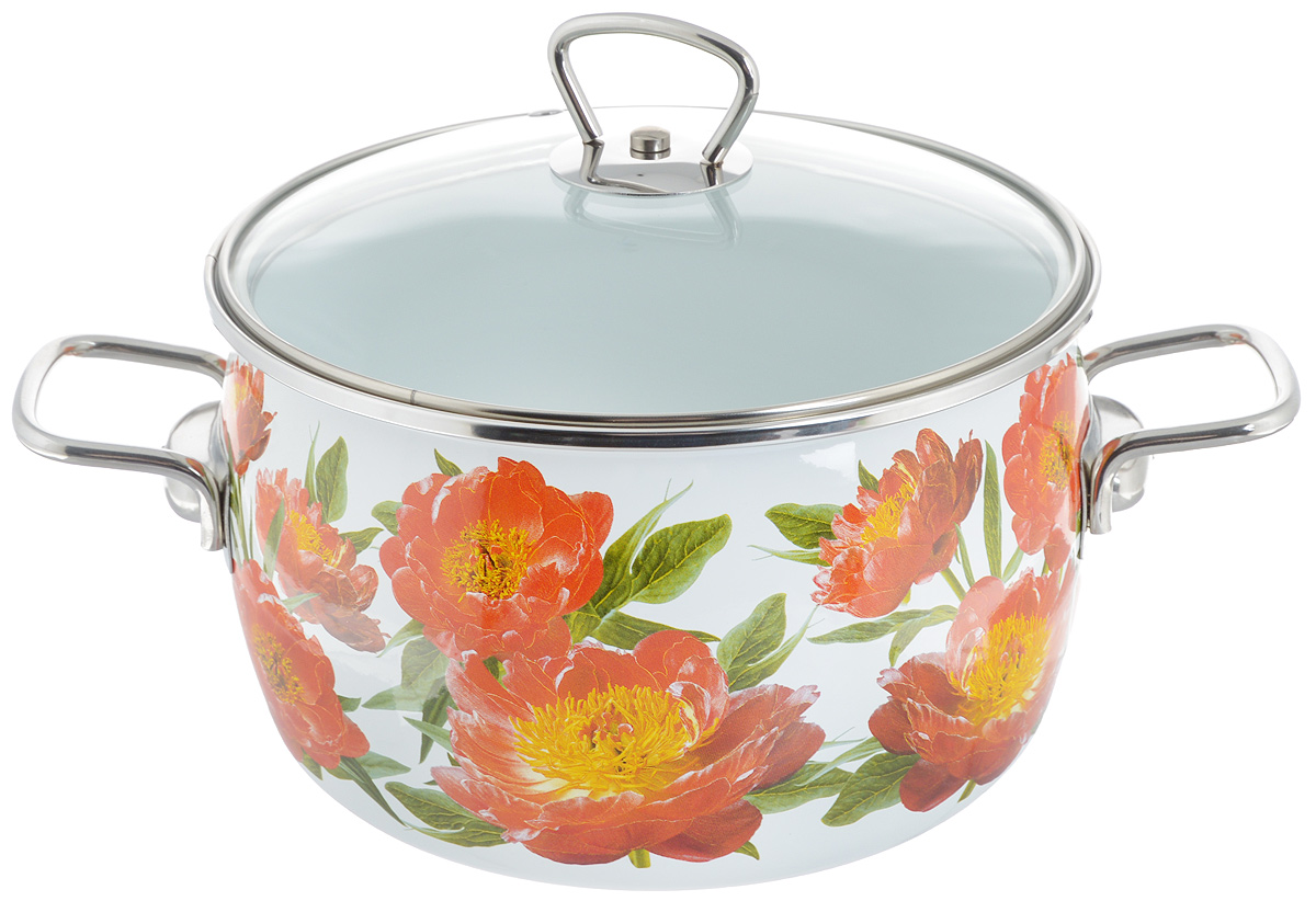Кастрюля эмалированная Vitross Peony с крышкой, 4 л1SC205S Кастрюля эмалированная Vitross Peony с крышкой, 4 л1SC205SКастрюля эмалированная Vitross Peony изготовлена из высококачественной стали со стеклокерамическим эмалевым покрытием. Стеклокерамика инертна и устойчива к пищевым кислотам, не вступает во взаимодействие с продуктами и не искажает их вкусовые качества. Такое покрытие защищает сталь от коррозии и придает посуде гладкую стекловидную поверхность. Кроме того, такая посуда наиболее безопасна и экологична. Прочный стальной корпус обеспечивает эффективную тепловую обработку пищевых продуктов и не деформируется в процессе эксплуатации. Кастрюля оснащена прочными стальными ручками. Крышка выполнена из жаропрочного стекла, она плотно прилегает к краю посуды и сохраняет аромат блюд. Внешние стенки кастрюли декорированы красочным изображением красных пионов, что сделает посуду настоящим украшением интерьера кухни. Кастрюля подходит для газовых, электрических, стеклокерамических, индукционных плит. Можно мыть в посудомоечной машине. Высота стенки: 13 см. ...