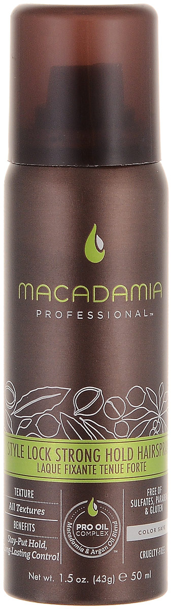 Macadamia Professional Спрей сильной фиксации Стиль на замке, 43 гр500111 Macadamia Professional Спрей сильной фиксации Стиль на замке, 43 гр500111Невесомый спрей сильной фиксации Macadamia Professional с витамином В5 специально разработан для сохранения укладки на целый день, контролирует пушистость и сохранение формы. Эксклюзивный Pro Oil Complex на основе драгоценных масел макадамии и арганы увлажняет, восстанавливает, добавляет волосам здоровый блеск, упругость и управляемость, сохраняет цвет окрашенных волос.