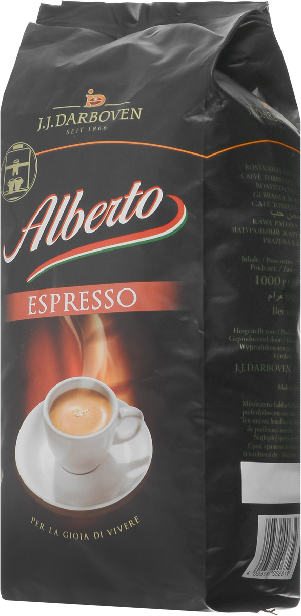 J.J. Darboven Alberto Espresso кофе в зернах, 1 кг4006581006819 J.J. Darboven Alberto Espresso кофе в зернах, 1 кг4006581006819Кофе в зернах J.J. Darboven Alberto Espresso подходит для приготовления традиционных немецких эспрессо по уникальной рецептуре. О данном сорте положительно отзываются и тысячи любителей кофе, и настоящие гурманы или эксперты. Этот кофе уже долгие годы занимает первые места на немецком рынке, и теперь каждый житель России может побаловать себя эксклюзивным купажом! Средняя обжарка кофейных зерен из лучших плантаций позволяет создавать напитки с изысканным ароматом и бодрящим вкусом без горечи, которым невозможно не насладиться.