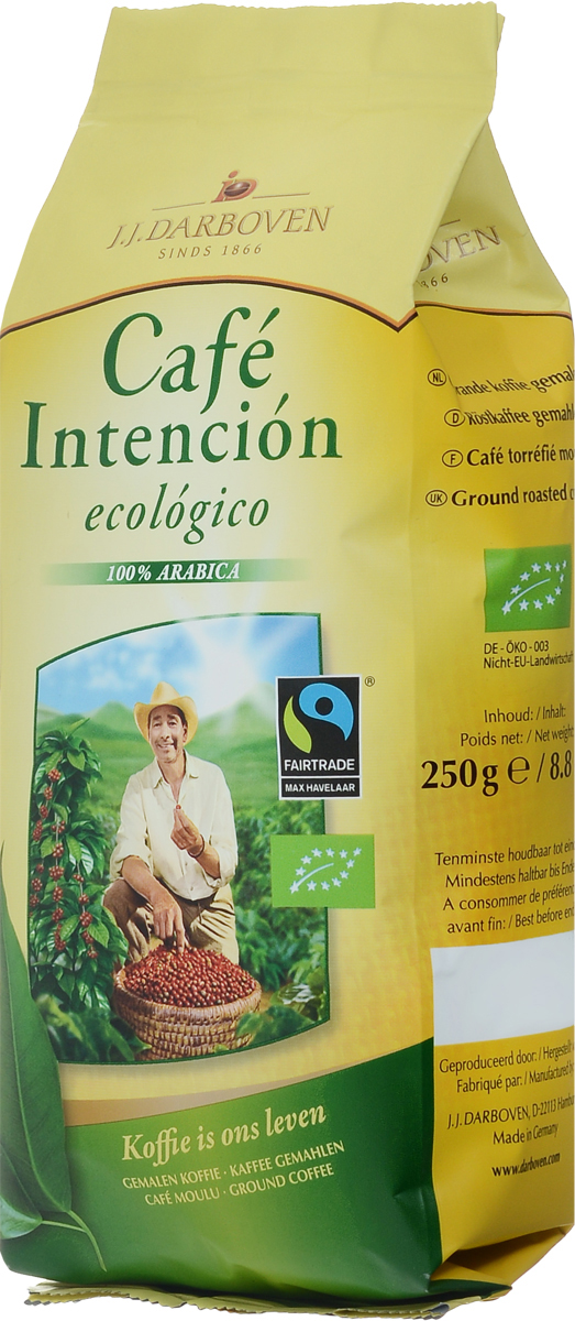 J.J. Darboven Intencion Ecologico кофе молотый, 250 г4006581020655 J.J. Darboven Intencion Ecologico кофе молотый, 250 г4006581020655Компания J.J.Darboven работает с кофе Fair trade c 1993 года. Такой кофе закупается напрямую у небольших фермерских хозяйств выращивающих кофе в высокогорных районах. Часть кофе Fair trade поставляется с плантаций сертифицированных как экологически чистых, что подразумевает полный отказ от применения химических удобрений.