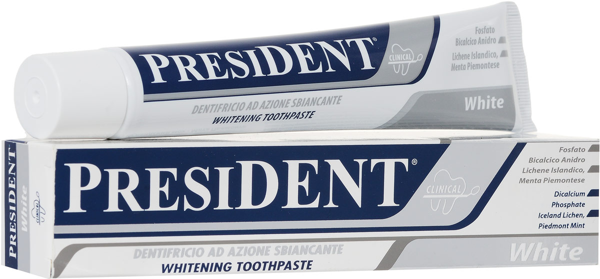 Зубная паста President White, 75 мл4310-502054 Зубная паста President White, 75 мл4310-502054Зубная паста President White способствует реминерализации эмали наряду с отбеливанием. Бережно полирует эмаль, защищает от темного налета, нейтрализует запах табака. Подходит для ежедневного применения, не разрушает эмаль зубов. Не содержит пероксида водорода и карбамида, жестких абразивных компонентов, разрушающих ферментов. Не содержит агрессивных антибактериальных агентов. Характеристики: Объем: 75 мл. Размер упаковки: 19 см х 4 см х 3 см. Производитель: Италия. Артикул: 4310-502054. Товар сертифицирован.