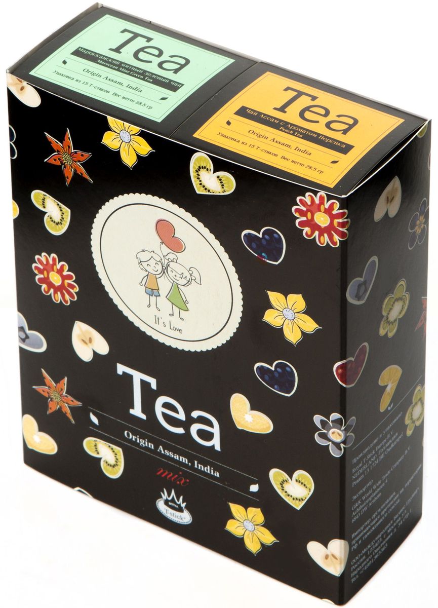 Подарочный набор Royal T-Stick: Mint Green Tea зеленый чай и Peach Tea черный чай в стиках, 30 шт2111 Подарочный набор Royal T-Stick: Mint Green Tea зеленый чай и Peach Tea черный чай в стиках, 30 шт2111Подарочный набор из 2 пачек чая премиум класса,упакован в коробку для транспортировки. Натуральный зеленый чай с ароматом мяты порадует вас своим тонким и нежным вкусом. Способствует расщеплению жиров и успокаивает нервную систему. Натуральный черный чай с ароматом персика порадует вас золотисто-медовым цветом, тонким ароматом персика и изысканным вкусом, который создается путем смешивания реальных кусочков персика и индийского чая из штата Ассам. Чай упакован в пищевую фольгу, которую можно использовать вместо ложечки для размешивания сахара. Опустите стик в кипяток, оставьте на 3 минуты, размешайте кусочек сахара. Достаньте стик из стакана, потрясите им о край стакана, так, чтобы стекли последние капли, и положите рядом. Вся влага останется внутри стика. Прекрасный подарок родным и близким и отличный повод удивить коллег по работе и друзей, внедряя новую, элегантную культуру чаепития!