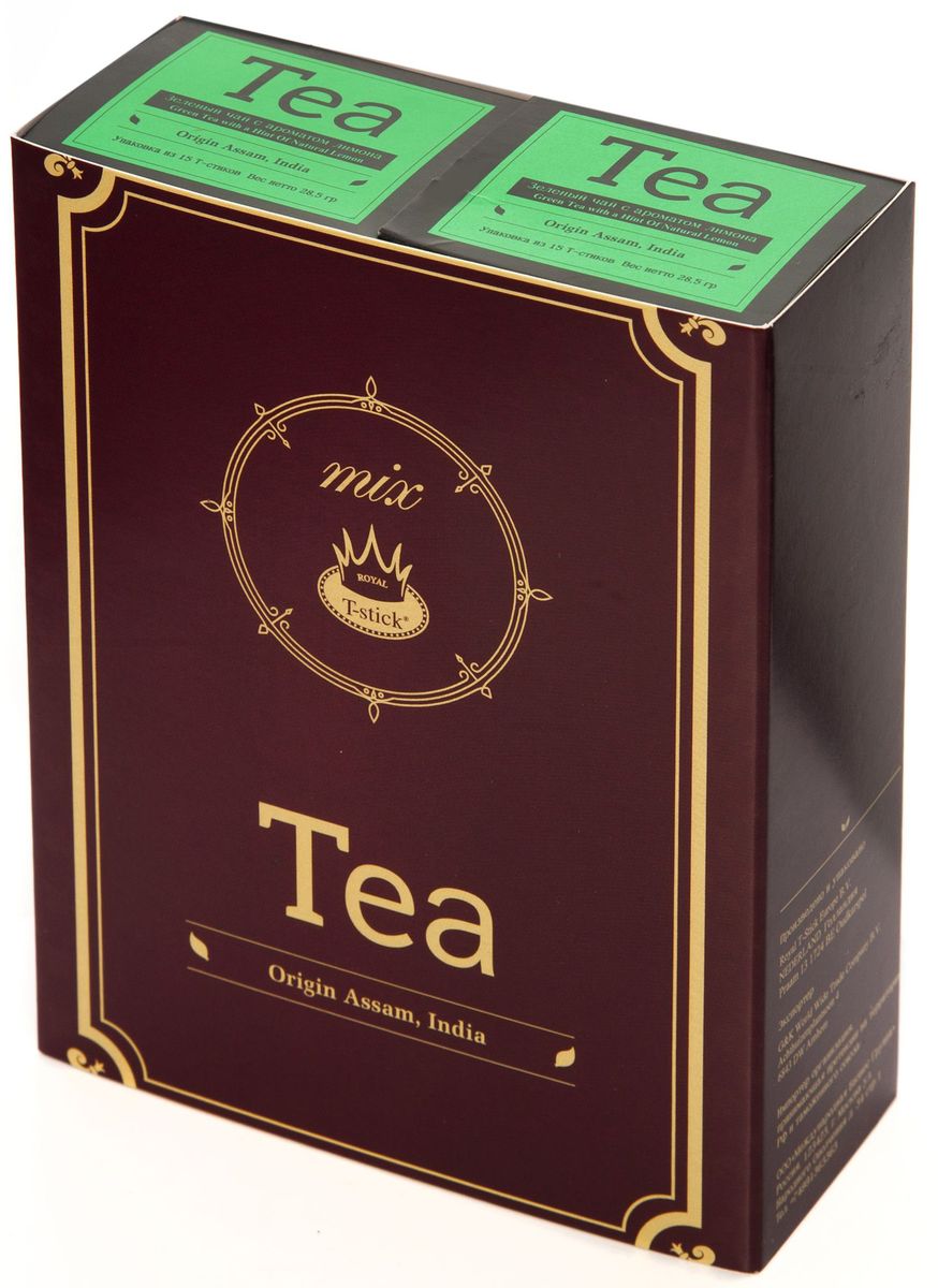 Подарочный набор Royal T-Stick: Green Tea with a Hint of Natural Lemon зеленый чай и Green Tea with a Hint of Natural Lemon зеленый чай в стиках, 30 шт77300 Подарочный набор Royal T-Stick: Green Tea with a Hint of Natural Lemon зеленый чай и Green Tea with a Hint of Natural Lemon зеленый чай в стиках, 30 шт77300Подарочный набор из 2 пачек чая премиум класса упакован в коробку для транспортировки. Зеленый чай с ароматом лимона порадует вас своим золотистым цветом, нежным ароматом лимона и освежающим послевкусием. Обогащение зеленого чая ароматом лимона усиливает полезные свойства природных антиоксидантов. Чай упакован в пищевую фольгу, которую можно использовать вместо ложечки для размешивания сахара. Опустите стик в кипяток, оставьте на 3 минуты, размешайте кусочек сахара. Достаньте стик из стакана, потрясите им о край стакана, так, чтобы стекли последние капли, и положите рядом. Вся влага останется внутри стика. Прекрасный подарок родным и близким и отличный повод удивить коллег по работе и друзей, внедряя новую, элегантную культуру чаепития!