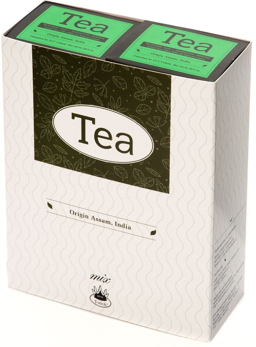 Подарочный набор Royal T-Stick: Green Tea with a Hint of Natural Lemon зеленый чай и Green Tea with a Hint of Natural Lemon зеленый чай в стиках, 30 шт78300 Подарочный набор Royal T-Stick: Green Tea with a Hint of Natural Lemon зеленый чай и Green Tea with a Hint of Natural Lemon зеленый чай в стиках, 30 шт78300Подарочный набор из 2 пачек чая премиум класса упакован в коробку для транспортировки. Зеленый чай с ароматом лимона порадует вас своим золотистым цветом, нежным ароматом лимона и освежающим послевкусием. Обогащение зеленого чая ароматом лимона усиливает полезные свойства природных антиоксидантов. Чай упакован в пищевую фольгу, которую можно использовать вместо ложечки для размешивания сахара. Опустите стик в кипяток, оставьте на 3 минуты, размешайте кусочек сахара. Достаньте стик из стакана, потрясите им о край стакана, так, чтобы стекли последние капли, и положите рядом. Вся влага останется внутри стика. Прекрасный подарок родным и близким и отличный повод удивить коллег по работе и друзей, внедряя новую, элегантную культуру чаепития!