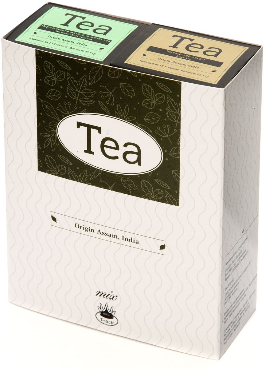 Подарочный набор Royal T-Stick: High Tea черный чай и Mint Green Tea зеленый чай в стиках, 30 шт78850 Подарочный набор Royal T-Stick: High Tea черный чай и Mint Green Tea зеленый чай в стиках, 30 шт78850Подарочный набор из 2 пачек чая премиум класса упакован в коробку для транспортировки. Чай Ассам порадует вас насыщенным янтарно-красным цветом, терпким ароматом и пряным, солодово-медовым вкусом. Натуральный зеленый чай с ароматом мяты порадует вас своим тонким и нежным вкусом. Способствует расщеплению жиров и успокаивает нервную систему. Чай упакован в пищевую фольгу, которую можно использовать вместо ложечки для размешивания сахара. Опустите стик в кипяток, оставьте на 3 минуты, размешайте кусочек сахара. Достаньте стик из стакана, потрясите им о край стакана, так, чтобы стекли последние капли, и положите рядом. Вся влага останется внутри стика. Прекрасный подарок родным и близким и отличный повод удивить коллег по работе и друзей, внедряя новую, элегантную культуру чаепития!