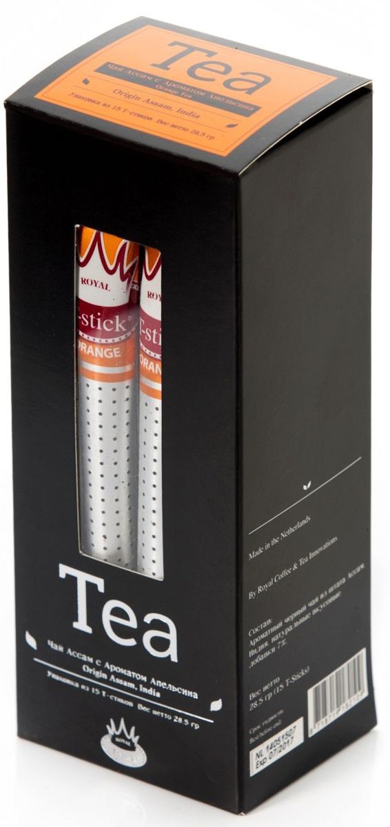 Royal T-Stick Orange Tea черный чай в стиках, 15 шт450RTS 15 Royal T-Stick Orange Tea черный чай в стиках, 15 шт450RTS 15Натуральный черный чай с ароматом апельсина порадует вас золотисто-медовым цветом, тонким ароматом персика и изысканным пряным вкусом , который создается путем смешивания реальных кусочков апельсина и индийского чая из штата Ассам. Богат антиоксидантами, способствующими нейтрализации токсинов в нашем организме. Пейте чай Royal T-stick, наслаждайтесь незабываемым вкусом, идите в ногу со временем. Чай упакован в пищевую фольгу, которую можно использовать вместо ложечки для размешивания сахара. Опустите стик в кипяток, оставьте на 3 минуты, размешайте кусочек сахара. Достаньте стик из стакана, потрясите им о край стакана, так, чтобы стекли последние капли, и положите рядом. Вся влага останется внутри стика. Вам не придется больше выжимать чайный пакетик и испытывать неловкость перед незнакомыми людьми.