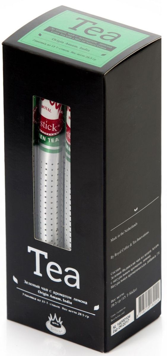Royal T-Stick Green Tea зеленый чай в стиках, 15 шт300RTS 15 Royal T-Stick Green Tea зеленый чай в стиках, 15 шт300RTS 15Зеленый чай с ароматом лимона порадует вас своим золотистым цветом, нежным ароматом лимона и освежающим послевкусием. Обогащение зеленого чая ароматом лимона усиливает полезные свойства природных антиоксидантов. Пейте чай Royal T-stick, наслаждайтесь незабываемым вкусом, идите в ногу со временем. Чай упакован в пищевую фольгу, которую можно использовать вместо ложечки для размешивания сахара. Опустите стик в кипяток, оставьте на 3 минуты, размешайте кусочек сахара. Достаньте стик из стакана, потрясите им о край стакана, так, чтобы стекли последние капли, и положите рядом. Вся влага останется внутри стика. Вам не придется больше выжимать чайный пакетик и испытывать неловкость перед незнакомыми людьми.
