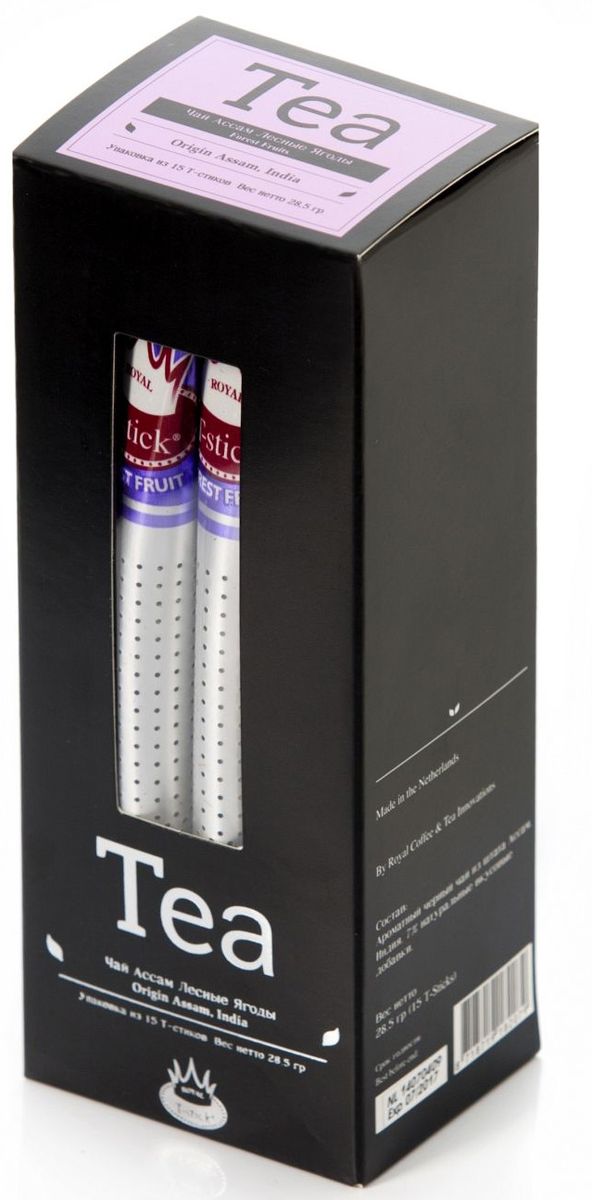 Royal T-Stick Forest Fruits Tea черный чай в стиках, 15 шт420RTS 15 Royal T-Stick Forest Fruits Tea черный чай в стиках, 15 шт420RTS 15Чай Асам с ароматом лесных ягод порадует вас своим сладким фруктовым вкусом и ароматом лесных ягод и фруктов. Богат антиоксидантами, способствующими нейтрализации токсинов в нашем организме. Пейте чай Royal T-stick, наслаждайтесь незабываемым вкусом, идите в ногу со временем. Чай упакован в пищевую фольгу, которую можно использовать вместо ложечки для размешивания сахара. Опустите стик в кипяток, оставьте на 3 минуты, размешайте кусочек сахара. Достаньте стик из стакана, потрясите им о край стакана, так, чтобы стекли последние капли, и положите рядом. Вся влага останется внутри стика. Вам не придется больше выжимать чайный пакетик и испытывать неловкость перед незнакомыми людьми.