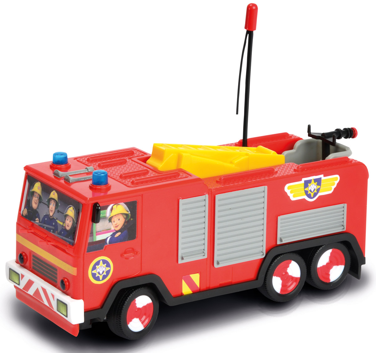 Dickie Toys Пожарная машина на радиоуправлении Turbo Jupiter3099612 Dickie Toys Пожарная машина на радиоуправлении Turbo Jupiter3099612Пожарная машина Dickie Toys Turbo Jupiter на радиоуправлении представлена в виде транспортного средства знаменитого Пожарного Сэма, который является героем одноименного британского мультсериала. Транспорт отличается стильным и привлекательным дизайном, ярким цветом кузова и кабины. Помимо этого, нельзя не упомянуть о декоративных особенностях, которые представлены в виде наклеек. Но главным интересным элементом пожарной машины является возможность управления ею, используя специальный пульт, а также реалистичные световые эффекты. Ребенок сможет разыгрывать разнообразные сюжеты, тренируя воображение. Подарите вашему малышу возможность почувствовать себя настоящим водителем. Для работы пожарной машины необходимо купить 3 батарейки напряжением 1,5V типа АА (не входят в комплект). Для работы пульта управления необходимо купить 3 батарейки напряжением 1,5V типа AАА (не входят в комплект). Пульт управления работает на частоте 27 MHz.