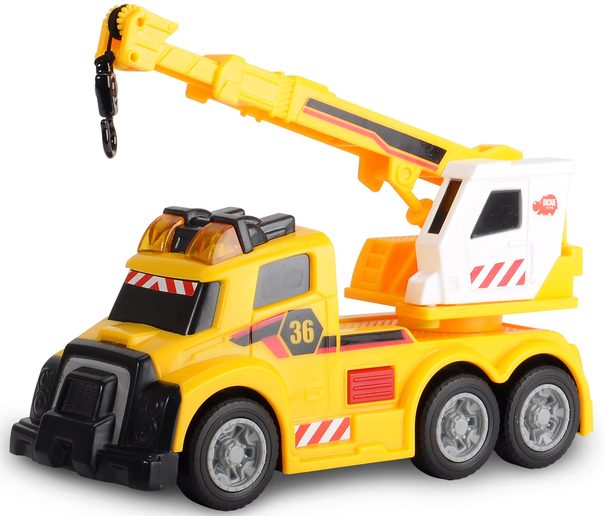Dickie Toys Автокран цвет желтый3302006 Dickie Toys Автокран цвет желтый3302006Автокран Dickie Toys - интересная машина для ребенка, который увлекается игровой спецтехникой. Машина имеет свободный ход движения, поворотную башню крана. При нажатии на красную кнопку, расположенную рядом с кабиной водителя, стрела крана начинает подниматься-опускаться и выдвигаться. Лебедка управляется вручную. Все это сопровождается световыми и звуковыми эффектами, что придает игре большую реалистичность. Рекомендуется докупить 3 батарейки напряжением 1,5V типа LR41 (товар комплектуется демонстрационными).