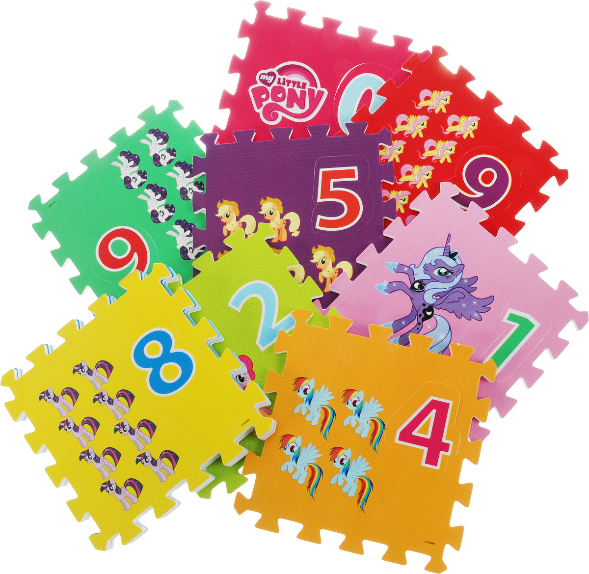 Играем вместе Коврик-пазл Мой маленький пониFS-NUM-MLP Играем вместе Коврик-пазл Мой маленький пониFS-NUM-MLPКоврик-пазл Играем вместе Мой маленький пони с вырезанными цифрами очень практичен. Он изготовлен из вспененного ПВХ, поэтому обладает отличной теплоизоляцией, материал очень плотный и прочный, устойчив к любым нагрузкам и разрывам. Коврик немного пружинит, что очень важно при падении. А также он экологически безопасен, его легко чистить. Коврик состоит из десяти элементов, которые складываются между собой. На каждом элементе изображены персонажи из известного мультфильма Мой маленький пони. Юный поклонник этого мультфильма обязательно оценит этот факт. А также на каждом элементе прописаны цифры от 0 до 9. Ребенок может выдавливать эти цифры из коврика, а затем снова вставлять их. Играя, он будет тренировать моторику рук, развивать зрительное восприятие, память, логическое и пространственное мышления, а также учиться анализировать и сопоставлять детали, выстраивать геометрические ассоциации.