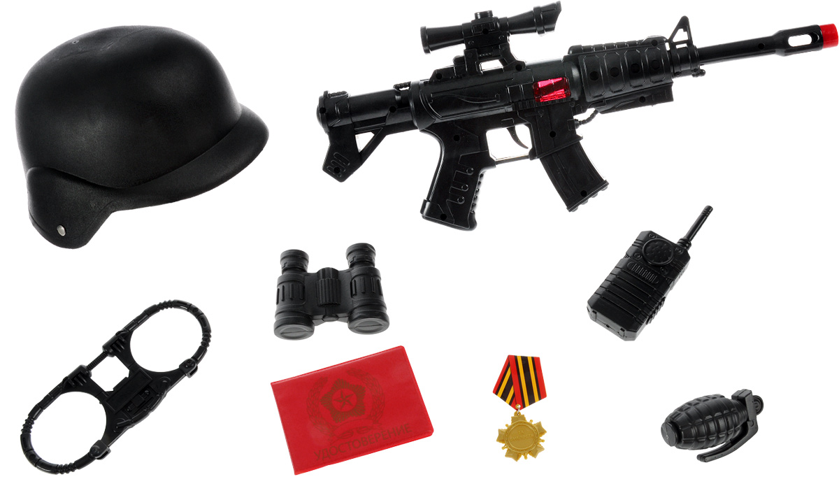 Играем вместе Игрушечный набор военного Вооруженные силыB935076-R Играем вместе Игрушечный набор военного Вооруженные силыB935076-RЛюбой мальчик будет в восторге от игрушечного военного набора Играем вместе Вооруженные силы. Он содержит в себе: автоматическую винтовку с прицелом, бинокль, гранату, рацию, наручники, удостоверение, а также настоящую медаль и каску. Теперь времяпрепровождение ребенка на улице с друзьями станет еще веселей. Используя каждый предмет в наборе, можно устроить настоящий военный парад.
