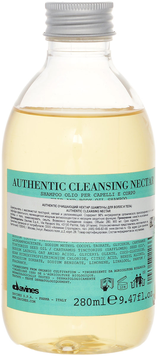 Davines Очищающий нектар для волос и тела Authentic Formulas Cleansing nectar hair/body, 280 мл74010 Davines Очищающий нектар для волос и тела Authentic Formulas Cleansing nectar hair/body, 280 мл74010Мягкий увлажняющий шампунь-гель Cleansing nectar имеет маслянистую текстуру. Средство на 98% состоит из компонентов природного происхождения. Так, в его состав входит масло сафлора красильного – мощного антиоксиданта, который также выполняет защитную функцию.
