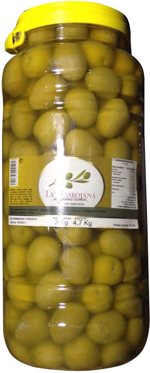 La Masrojana Оливки зеленые гигантские Гордаль со вкусом анчоуса, 4,7 кг8420642000183 La Masrojana Оливки зеленые гигантские Гордаль со вкусом анчоуса, 4,7 кг8420642000183Гигантские зеленые оливки Гордаль со вкусом анчоуса: пикантная закуска и дополнение к горячим блюдам в стиле средиземноморской кухни. Эти оливки самые большие из существующих на испанском рынке (размером с небольшую сливу). Самые популярные оливки в Испании благодаря отменному вкусу и яркому внешнему виду. Изготовлены компанией La Masrojana, расположенной в Террагоне в природном заповеднике. Cбор оливок осуществляется вручную, в результате оливки отличного качества и после обработки имеют исключительный цвет и аромат, который отражает традиции и образ жизни.