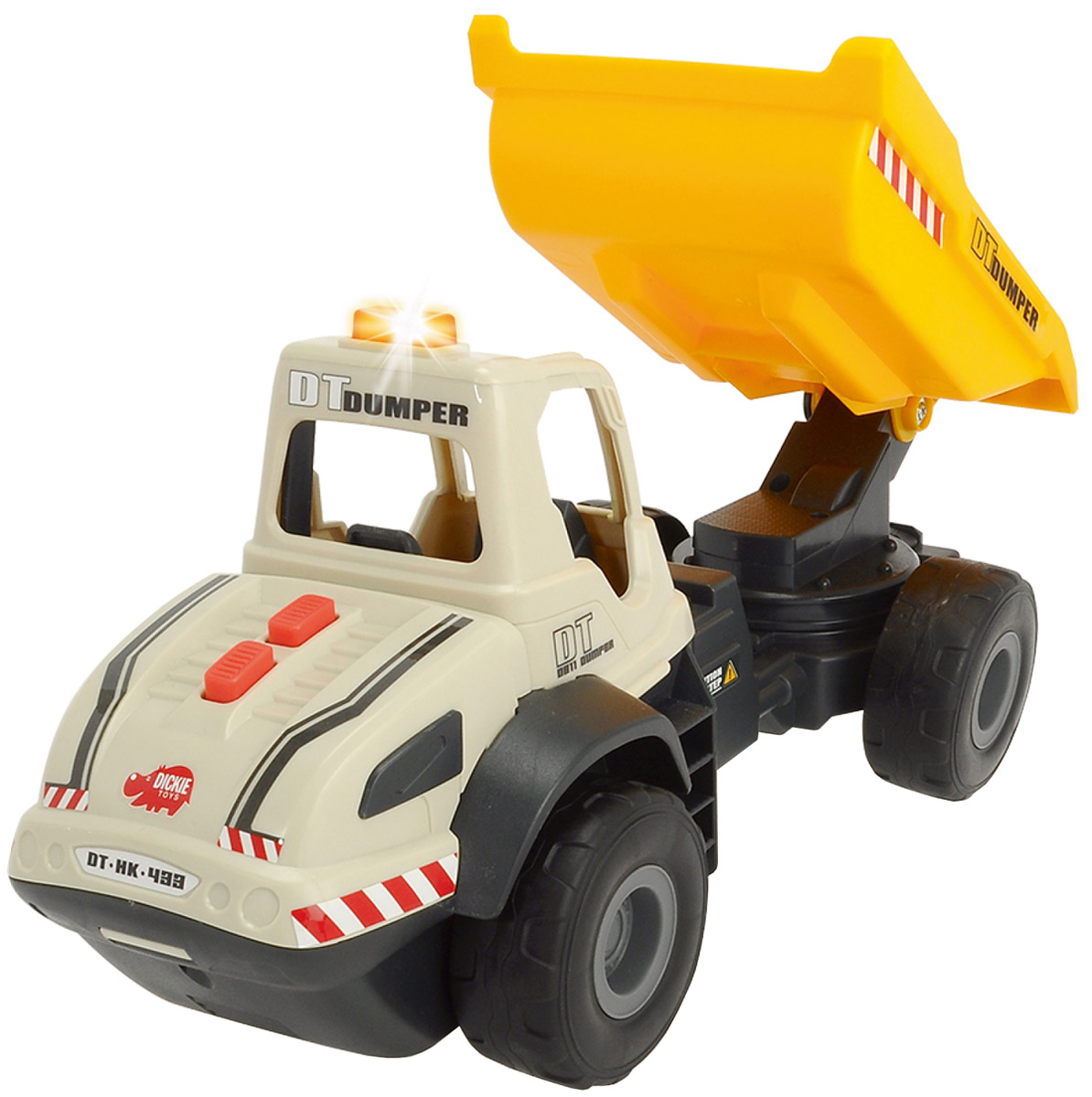 Dickie Toys Самосвал цвет серый желтый3726002 Dickie Toys Самосвал цвет серый желтый3726002Самосвал Dickie Toys является достойным представителем игрушечной строительной техники. Мощный самосвал выполнен очень реалистично и полностью функционален. Движение кузова управляется с помощью двух кнопок, расположенных на капоте, и сопровождается характерными звуками. Одна кнопка поднимает кузов, другая опускает. При движении кузова загорается оранжевая лампочка на крыше самосвала. Большие и устойчивые колеса самосвала прекрасно справляются с любой поверхностью. С таким многофункциональным самосвалом ребенку будет очень интересно играть и дома, и на улице в песочнице. Рекомендуется докупить 2 батарейки напряжением 1,5V типа АА (товар комплектуется демонстрационными).
