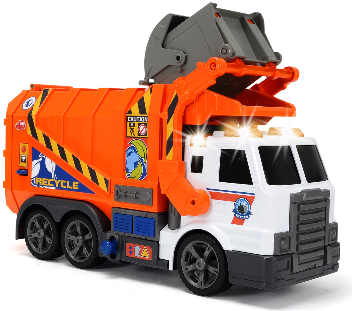 Dickie Toys Мусоровоз цвет оранжевый белый3308369 Dickie Toys Мусоровоз цвет оранжевый белый3308369Мусоровоз с контейнером Dickie Toys может стать неплохим подспорьем в тех случаях, когда родители озадачены проблемой приучения малыша к порядку. В частности, многие дети не любят убирать свои игрушки, этикетки от конфет и так далее. Теперь процесс уборки можно будет превратить в веселую игру. Машина выполнена из качественных и безопасных материалов. Рекомендуется докупить 2 батарейки напряжением 1,5V типа АА (товар комплектуется демонстрационными).