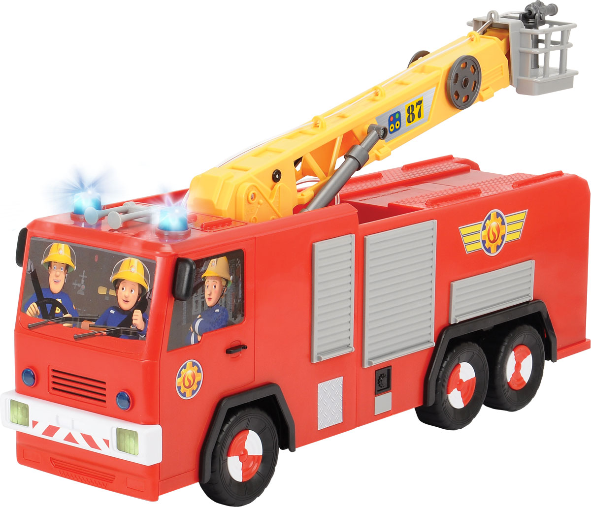 Dickie Toys Пожарная машина на дистанционном управлении Юпитер3099001 Dickie Toys Пожарная машина на дистанционном управлении Юпитер3099001Пожарная машина на дистанционном управлении Dickie Toys Юпитер - аналог машинки из популярного мультфильма Пожарный Сэм обязательно порадует вашего ребенка и подарит ему множество веселых игр и положительных эмоций. Выполненная из высококачественного безопасного пластика игрушка отличается большим размером и оснащена действующим водометом. Ребенок сможет залить в специально предназначенный резервуар настоящую воду и тушить воображаемые пожары. Машина может двигаться вперед, назад, вправо, влево, останавливаться. Кран машины поднимается и поворачивается вокруг своей оси. Машинка управляется при помощи пульта дистанционного управления (в комплекте). Пульт присоединен с помощью провода; игра с краном осуществляется только на расстоянии, равном длине провода. Порадуйте своего малыша таким замечательным подарком! Для работы игрушки необходимы 6 батареек АА напряжением 1,5V (в комплект входят 2 демонстрационные).
